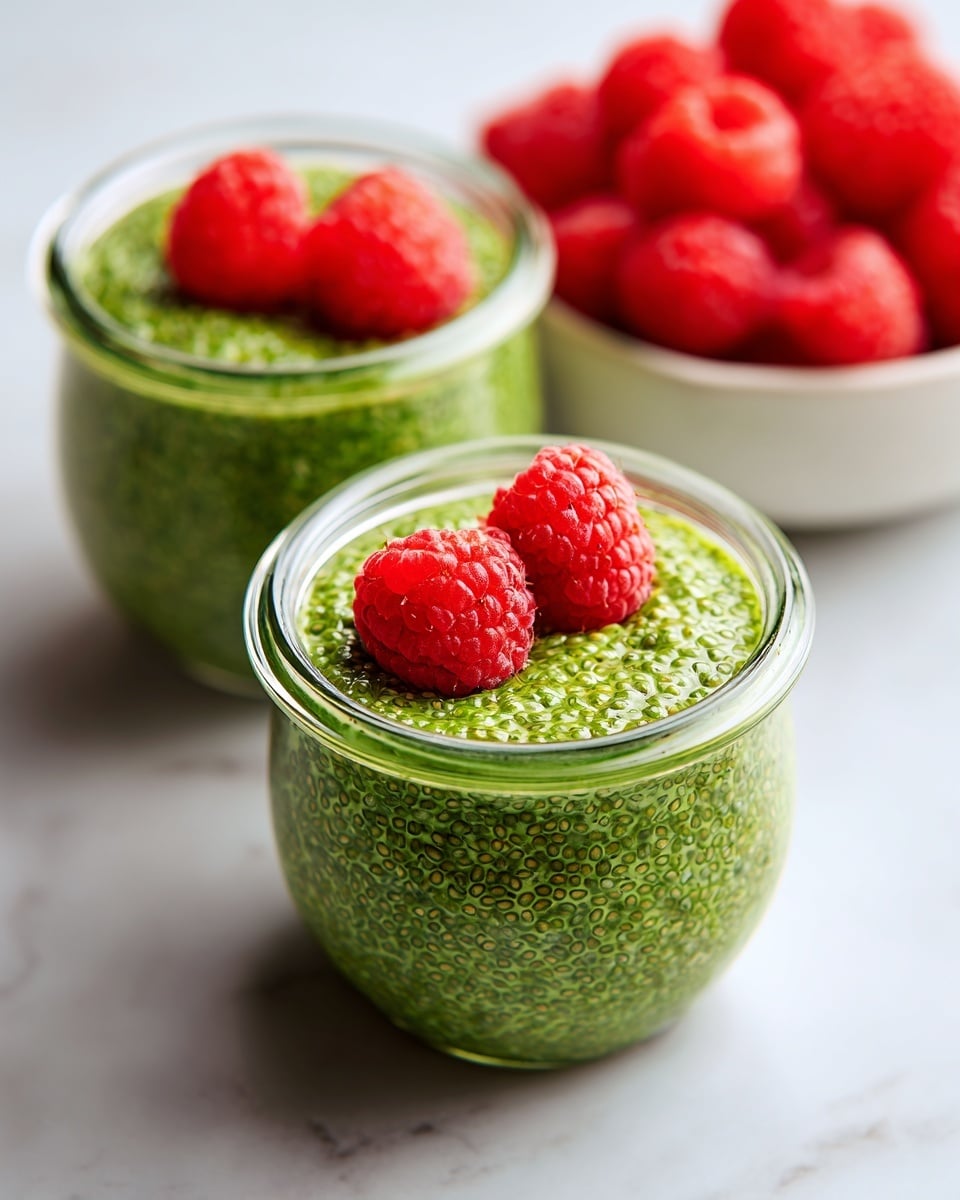 Two small clear glass jars are filled with a thick green chia pudding that has a textured, slightly bumpy surface from the chia seeds. Each jar is topped with two bright red raspberries placed on the green pudding near the center. The jars sit on a gentle white marbled surface, and in the background, there is a white bowl filled with additional red raspberries. The image has a clean and fresh look. photo taken with an iphone --ar 4:5 --v 7