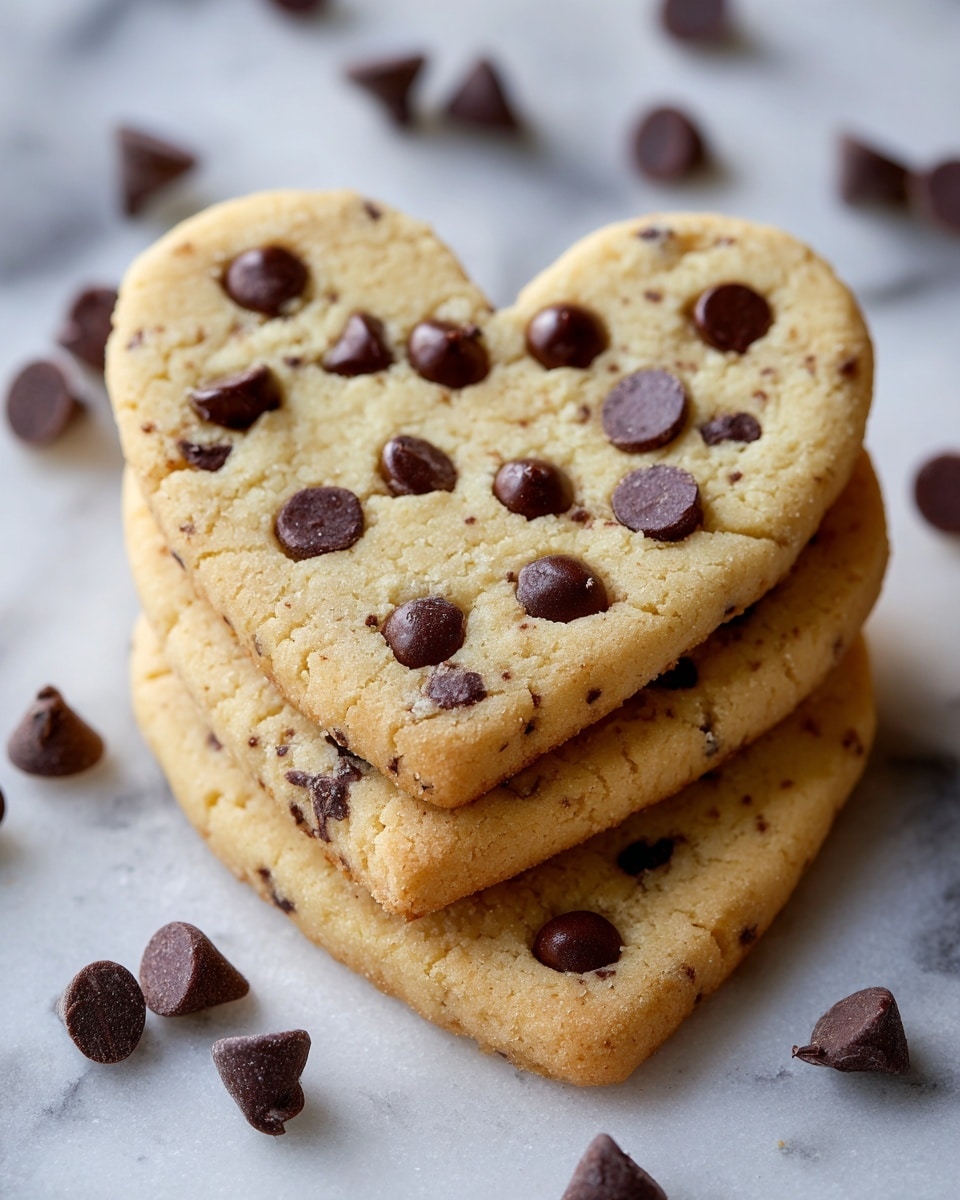 The image shows a close-up of three heart-shaped cookies stacked slightly on top of each other on a white marbled surface. Each cookie is light golden brown with darker brown chocolate chips scattered throughout, some chips are smooth and shiny while others are smaller and matte. The edges of the cookies are slightly rough and soft in texture, with the chocolate chips clearly embedded in the dough. There are a few loose chocolate chips around the cookies on the surface. The lighting highlights the texture of the cookies, making them look soft and fresh. Photo taken with an iphone --ar 4:5 --v 7