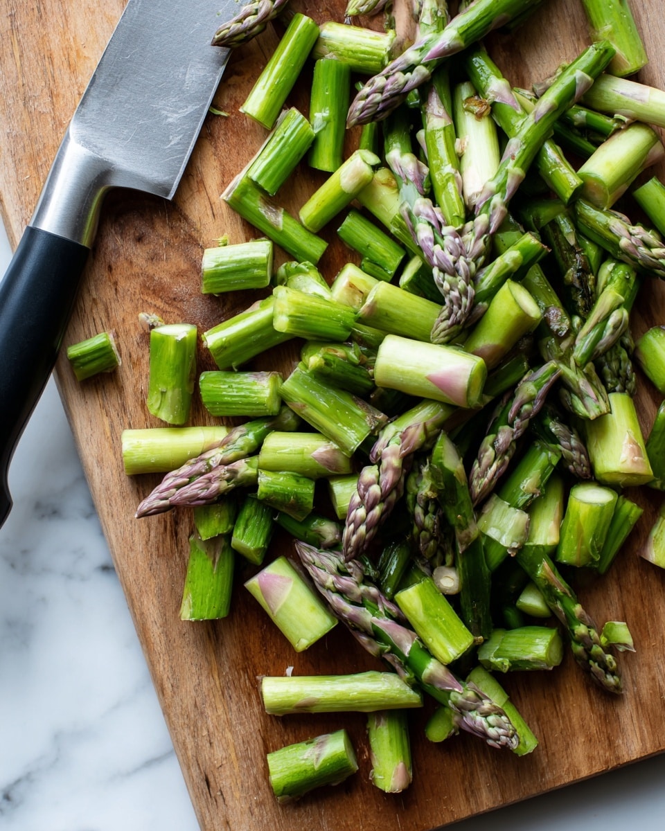 A close-up view of many small, cut green asparagus pieces spread out on a wooden cutting board. The asparagus pieces show fresh green and light purple tips with a crisp texture. On the left side of the board lies a shiny kitchen knife with a black handle. The surface seen is a white marbled texture behind the cutting board. photo taken with an iphone --ar 4:5 --v 7