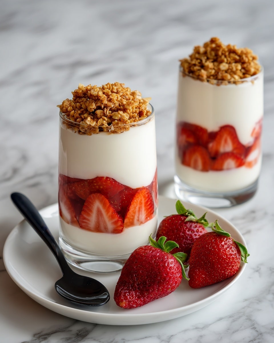 Two clear glasses each contain three distinct layers. The bottom layer is made of bright red sliced strawberries arranged against the glass sides. The middle layer is thick, smooth white cream filling most of the glass. The top layer consists of golden-brown crunchy granola sprinkled evenly. Each glass is placed on a white plate with a black spoon nearby, resting on a white marbled surface. Fresh whole strawberries with green tops sit beside the front plate. Photo taken with an iphone --ar 4:5 --v 7