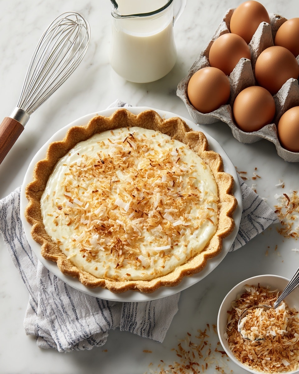 A white pie dish holds a pie with a golden brown crust that has a decorative edge, filled with a creamy, light beige filling sprinkled with toasted coconut flakes. To the upper right, a white bowl contains more toasted coconut flakes, some spilled nearby. Below the pie, a carton holds six brown eggs. On the left side, a clear glass pitcher filled with a white liquid and a metal whisk with a wooden handle rest on a striped cloth. The whole scene is set on a white marbled surface photo taken with an iphone --ar 4:5 --v 7