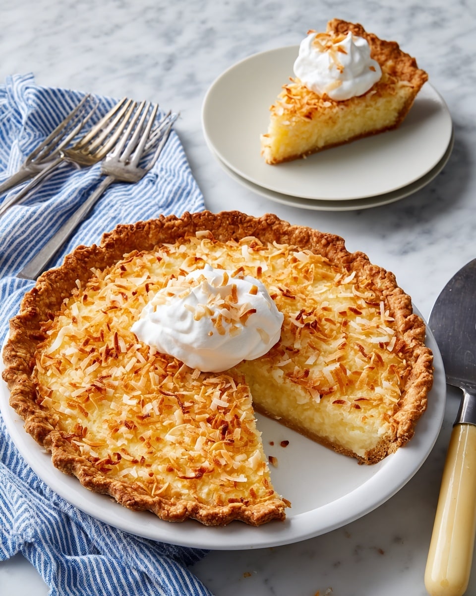 A golden-brown coconut pie with a thick crust and a toasted coconut topping, sitting on a white plate that rests on a white marbled surface. One slice is removed from the pie, placed on a white plate above, topped with a dollop of white whipped cream and sprinkled with toasted coconut flakes. Another smaller white plate with a similar slice and topping is shown in the background. Two silver forks are placed to the left of the pie, next to a blue and white striped cloth. A pie server with a light wooden handle lies on the right side of the pie, on the white marbled surface. Photo taken with an iphone --ar 4:5 --v 7