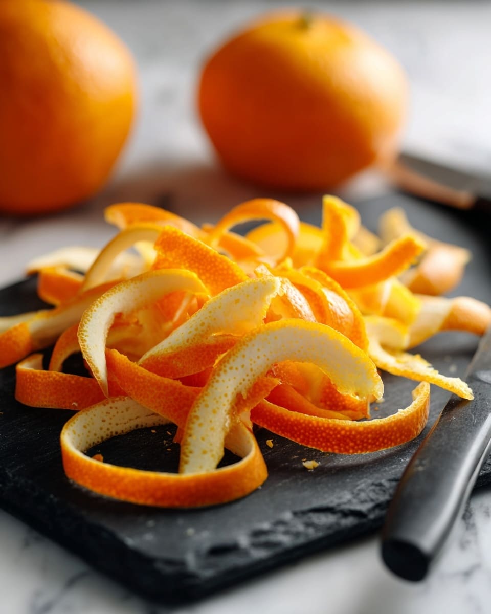 A pile of thin orange peels with bright orange outer layers and white inner layers is spread unevenly on a dark slate board, with two whole oranges blurred in the background. The board is placed on a white marbled surface, and a black-handled knife is partially visible at the bottom right corner. The scene is well-lit, showing the texture of the peels and the smooth surface of the oranges photo taken with an iphone --ar 4:5 --v 7