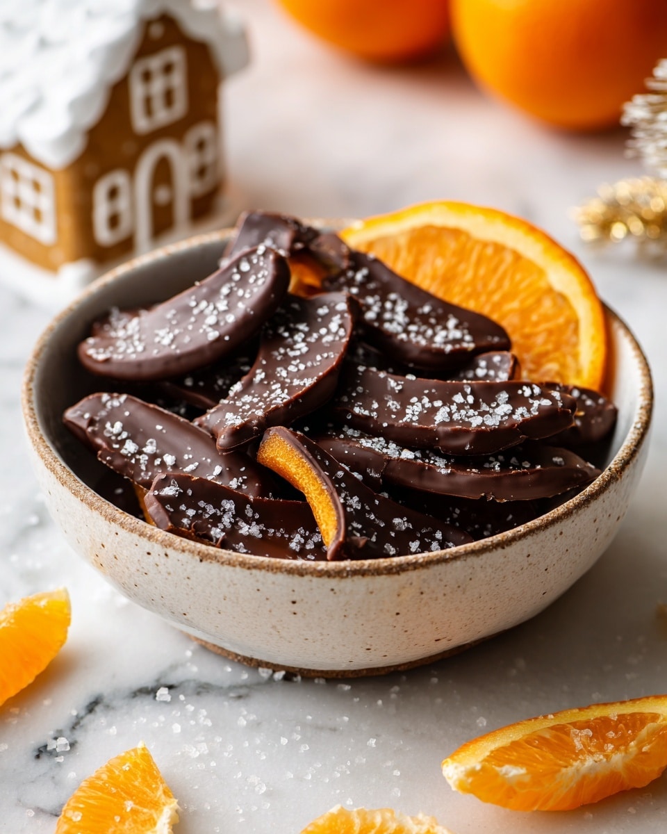 A rustic white bowl filled with many dark brown chocolate-coated orange peels, each piece curved and shiny with a smooth texture, sprinkled with small white salt crystals on top. Around the bowl, there are bright orange peel strips and an orange slice showing its juicy inside, all placed on a white marbled surface with some scattered salt crystals. The background is softly blurred with hints of oranges and a small white gingerbread house shape. photo taken with an iphone --ar 4:5 --v 7