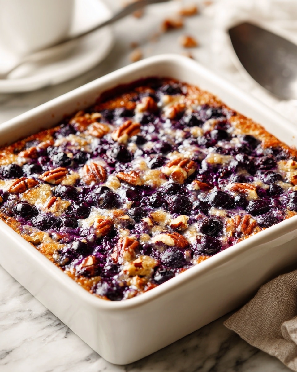 A baked dish shown in a white square baking dish with a textured top layer of dark purple blueberries scattered evenly, mixed with light brown pecan nut pieces over a golden brown base. The surface looks slightly crispy with a mix of soft and crunchy textures. The background is a soft white marbled surface with a blurred metal spatula in the background. photo taken with an iphone --ar 4:5 --v 7