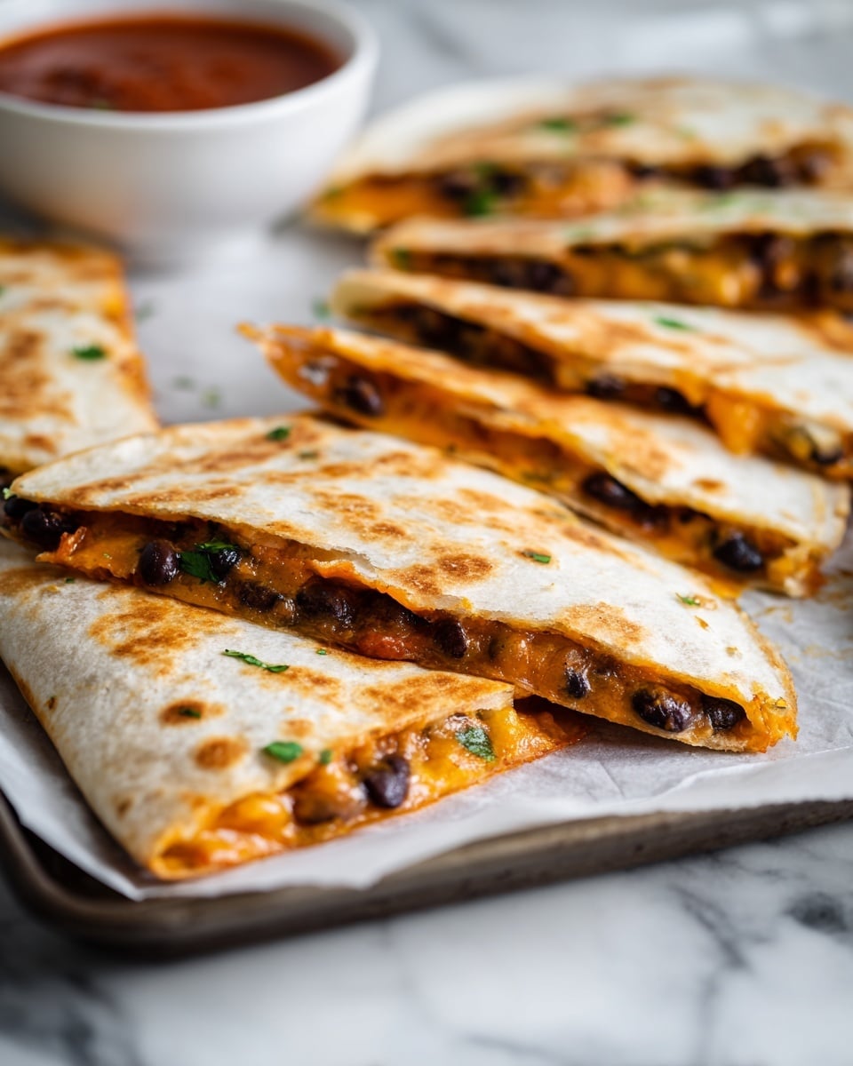 The image shows several folded quesadillas arranged on a baking sheet lined with parchment paper. Each quesadilla has one layer of golden-browned tortilla folded in half, encasing a thick layer of filling that includes black beans, melted cheddar cheese, and some green herbs, giving a mix of dark spots and warm orange tones inside. The tortillas are slightly crisp with light brown spots on their surface. In the background, there is a white bowl with a red sauce that is out of focus. The whole scene is set on a white marbled texture. photo taken with an iphone --ar 4:5 --v 7