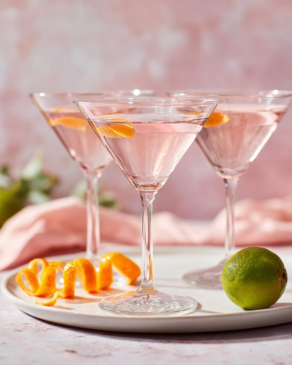 Three clear martini glasses, each filled with a light pink liquid, with a small orange peel floating near the top. The glasses stand on a large white plate, which also holds several curled orange peels. In the front right corner of the image, a halved green lime rests on a white marbled surface. The background is soft pink with a blurred texture. Photo taken with an iphone --ar 4:5 --v 7
