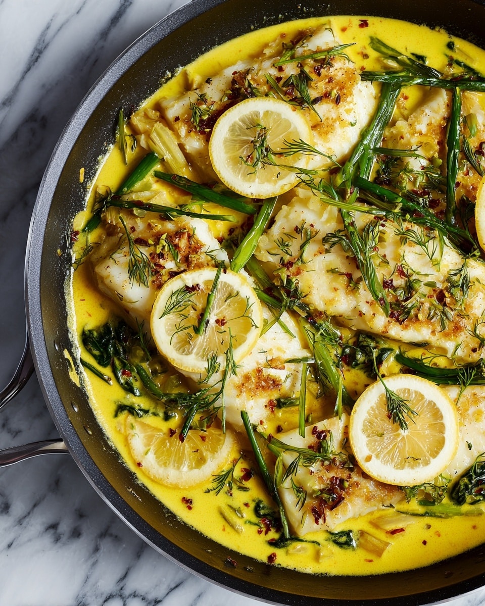 A close-up view of a black skillet filled with soft-looking golden-yellow fish fillets layered evenly in the pan. The fish is covered with a bright yellow sauce that looks smooth and creamy. Around and on top of the fish, there are chopped dark green vegetables and herb leaves scattered to add fresh green touches. Thin slices of light yellow lemon are placed on top of the fish pieces, adding a bright and fresh look. The skillet is placed on a white marbled surface. photo taken with an iphone --ar 4:5 --v 7