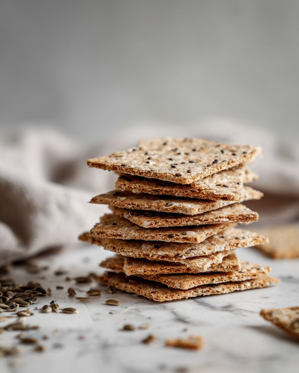 A stack of eight rectangular crackers with a beige color and a slightly rough texture, dotted with small dark seeds, is placed on a white marbled surface. The crackers are unevenly layered, some slightly tilted, showing their thinness and grainy details. Around the stack, there are broken cracker pieces and scattered whole seeds, adding to the rustic look. The background is softly blurred with a neutral grey tone. Photo taken with an iphone --ar 4:5 --v 7