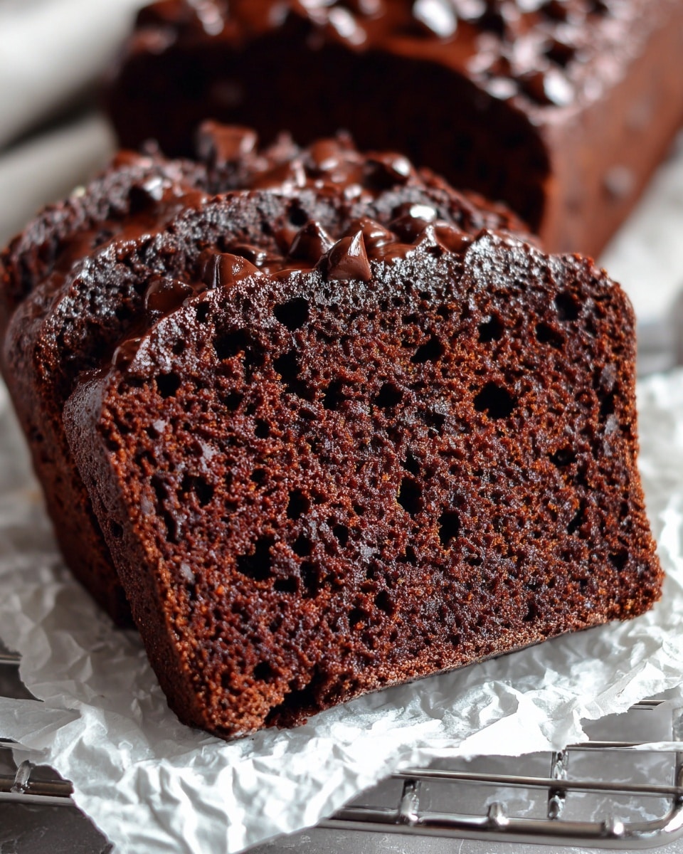 The image shows a slice of dark chocolate bread resting on crinkled white paper placed on a metal cooling rack with a white marbled surface below. The bread has a rich, dense texture with a moist, dark brown interior filled with small air pockets. The crust is shiny and topped with melted dark chocolate chips that cover the top edge and a bit on the side, creating a glossy layer. In the background, more slices of the same bread are stacked, showing the same layered texture and glossy chocolate chip topping. photo taken with an iphone --ar 4:5 --v 7