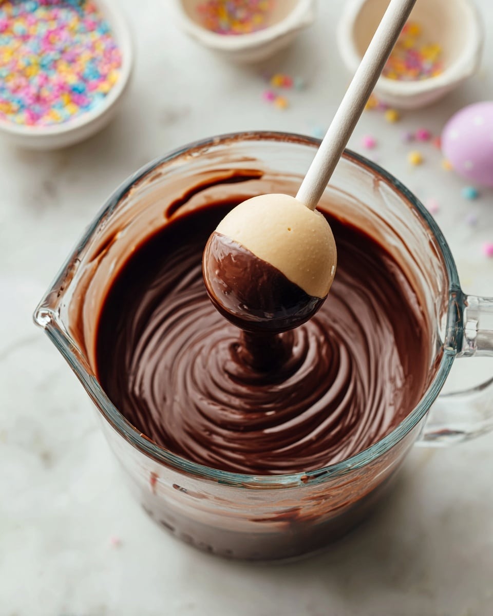 A clear glass measuring cup filled with smooth melted dark brown chocolate has a light beige round ball on a white stick dipped gently in the chocolate. The chocolate coats the inside sides of the measuring cup in swirled layers. The background is a white marbled texture with small bowls and some colorful sprinkles just at the edges of the frame. Photo taken with an iphone --ar 4:5 --v 7