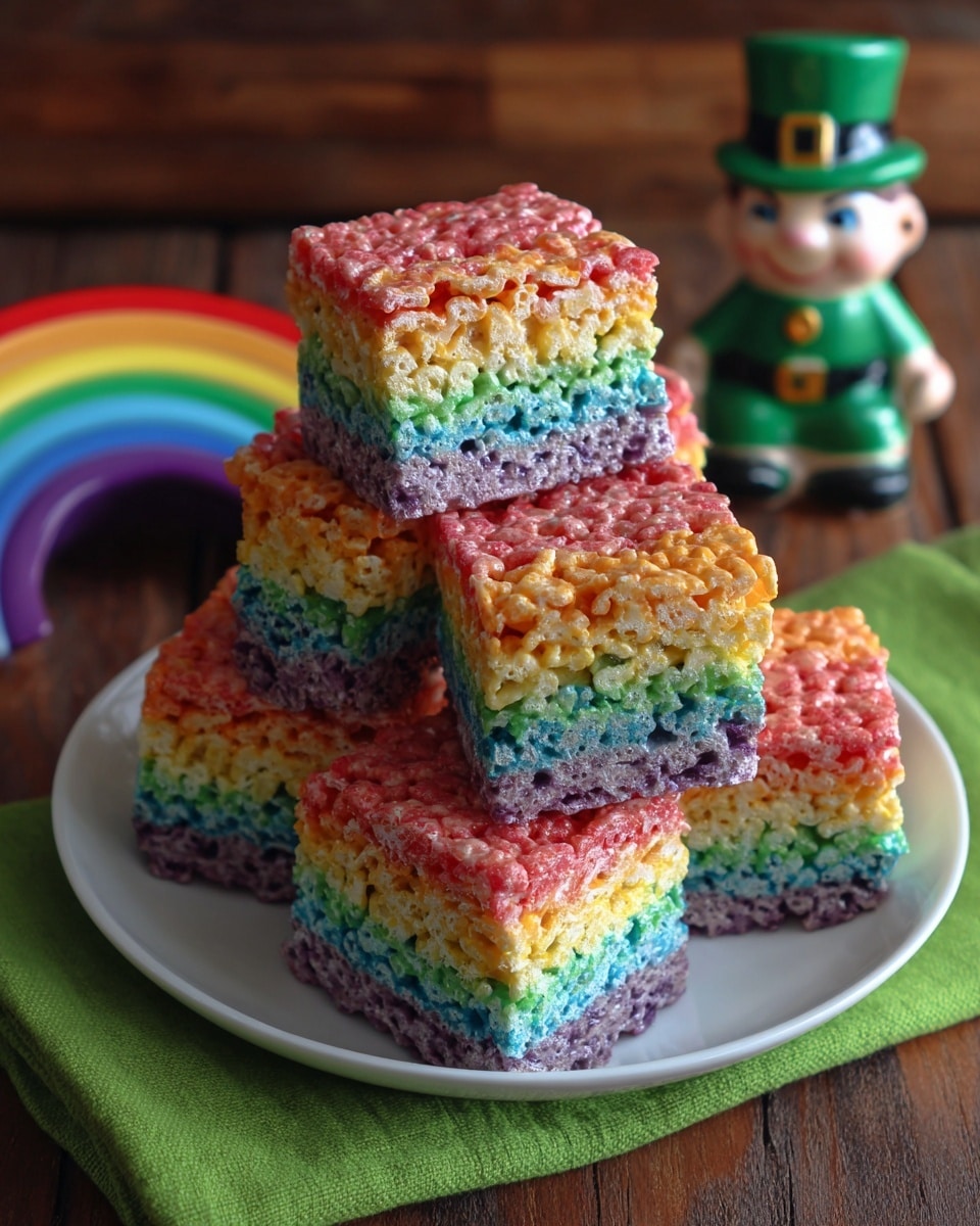 The image shows a stack of colorful layered treats on a white plate placed on a wooden board with a bright green cloth nearby. Each treat has seven layers, starting from the bottom with purple, blue, green, yellow, orange, and ending with red at the top. The texture of each layer looks crisp and slightly sticky, with a rice cereal pattern visible throughout. In the background, there is a small ceramic figure of a smiling leprechaun sitting with a rainbow arching over it. The photo is taken with an iphone --ar 4:5 --v 7