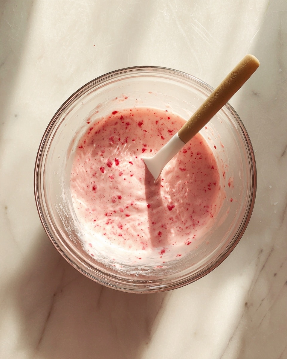 A clear glass bowl with a smooth, light pink batter inside, speckled with small red bits throughout, showing a bubbly and slightly thick texture. A white spatula with a wooden handle rests inside the bowl, partly submerged in the batter. The bowl is set on a white marbled surface, and sunlight creates soft shadows around it. photo taken with an iphone --ar 4:5 --v 7