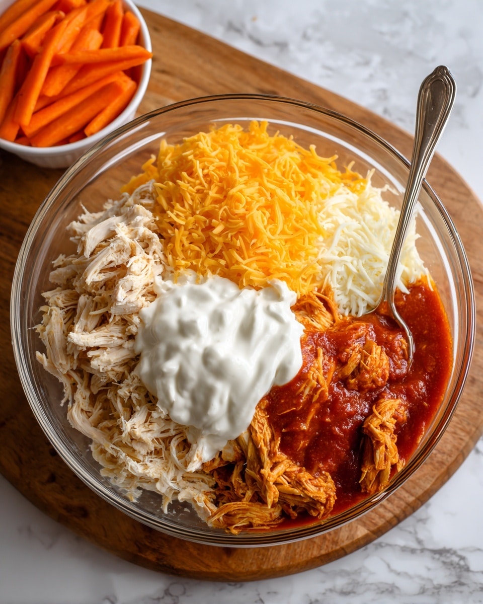 A clear glass bowl sits on a wooden board over a white marbled surface, filled with four main layers that are beside each other: shredded light-colored chicken on the left, bright orange shredded cheddar cheese on the right front, thick white sour cream on the left front, and rich red sauce at the back right. A silver spoon dips into the sauce layer on the right side of the bowl. In the background, a white bowl filled with orange baby carrots is partially visible on the white marbled surface. Photo taken with an iphone --ar 4:5 --v 7