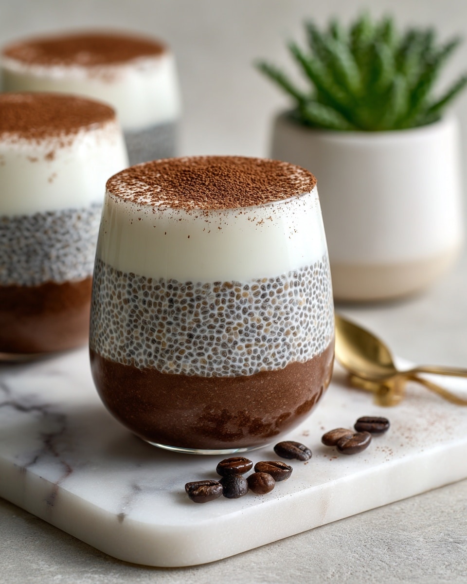 The image shows a glass dessert with four clear layers on a white marbled surface. The bottom layer is chocolate brown and thick, with a slightly rough texture. Above it is a thick white creamy layer that separates the chocolate from the next layer, which is filled with tiny black and white chia seeds in a jelly-like light grey base. The top layer is a smooth white cream, covered with a dusting of fine cocoa powder that spreads unevenly on the surface. In the background, there is a second glass dessert with the same layers, and a small green plant in a white pot. Coffee beans and a shiny gold spoon rest near the front glass, adding small dark and warm metallic accents to the scene. The overall look is clean, simple, and inviting, photo taken with an iphone --ar 4:5 --v 7
