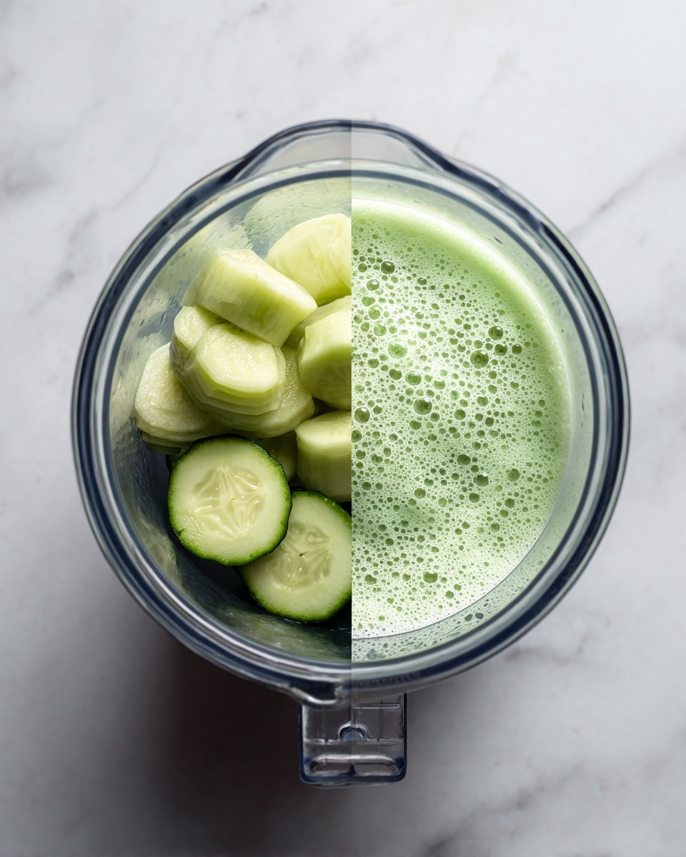 The image is split into two parts showing inside a blender. On the left side, there are several peeled cucumber pieces stacked inside the blender, with pale green color and smooth texture. On the right side, the blender contains a light green frothy liquid, with bubbles on the surface showing it has been blended. The blender is clear and placed on a white marbled texture. photo taken with an iphone --ar 4:5 --v 7