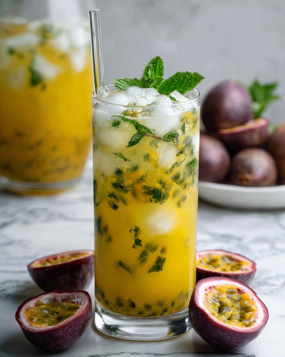 The image shows a tall clear glass filled with a drink made of a bright yellow liquid at the bottom, mixed with irregular white ice cubes floating inside and green mint leaves spread throughout. A clear straw sticks out from the top of the glass. Around the glass on a white marbled surface are several halved passion fruits with purple-brown outer skin and bright yellow seeds inside. To the left, part of a white pitcher filled with the same yellow drink is visible. There is another identical glass partly shown to the right. The photo taken with an iphone --ar 4:5 --v 7