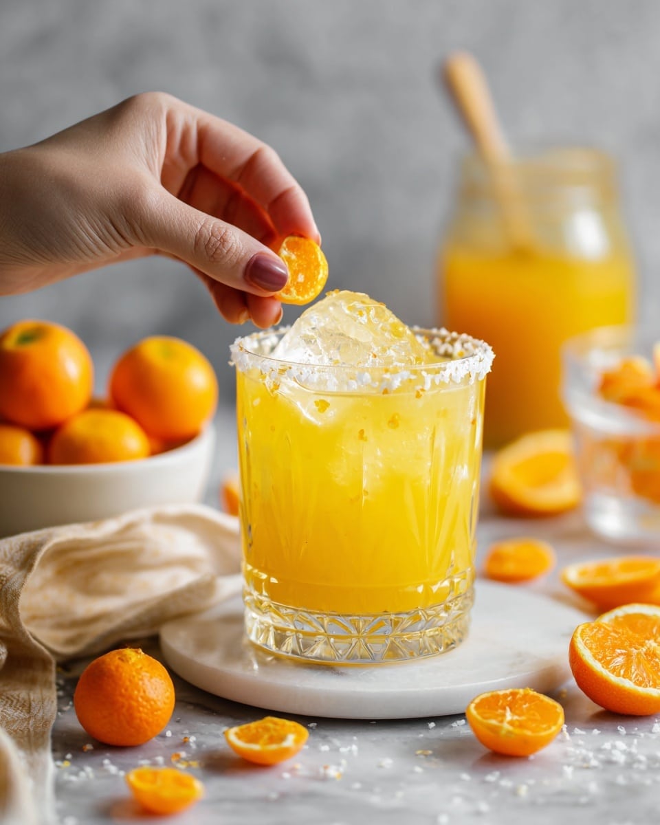 A clear glass is filled three-quarters with a bright yellow drink and a large ice cube in the middle. The rim of the glass is coated with coarse salt. A woman's hand is placing a small, sliced bright orange fruit on top of the ice cube. Around the glass on a white marbled surface, there are whole and halved small orange fruits scattered. In the background, there is a white bowl with more small orange fruits and a jar with leftover yellow liquid and a spoon inside, all slightly blurred. photo taken with an iphone --ar 4:5 --v 7