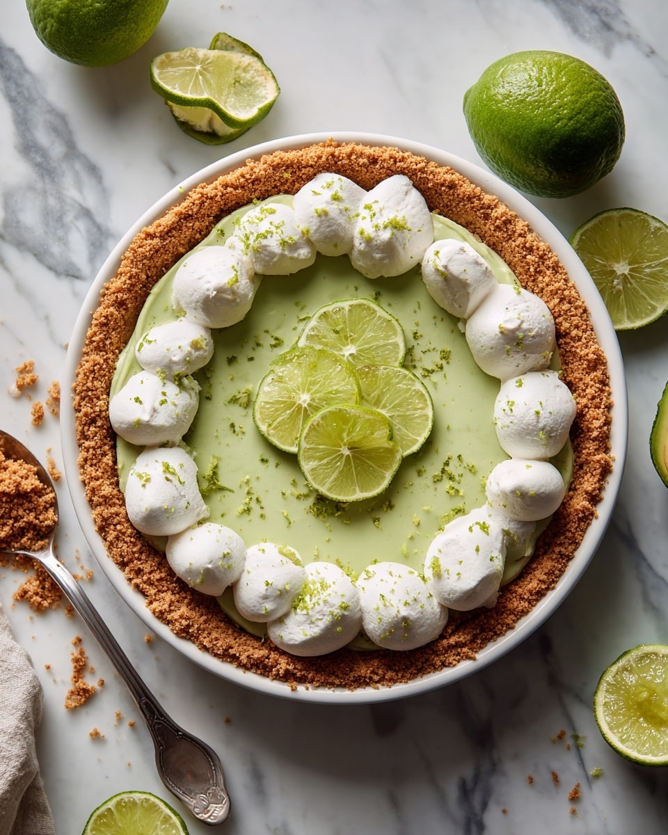 A round dessert is shown in a white bowl on a white marbled surface, with a green creamy layer spread evenly in the center. Around the edge of the bowl is a ring of light brown crumbly pieces forming a textured border. On top of this crumbly ring, there are 11 white dollops of whipped cream evenly spaced. In the center of the green layer, four thin, round lime slices overlap each other. Green lime zest is sprinkled lightly across the green surface for decoration. A silver spoon, partially covered with the green creamy layer, rests inside the bowl with its handle pointing downward, extending out of the bowl. Halved and whole limes and a halved avocado are scattered around the bowl on the white marbled surface. Photo taken with an iphone --ar 4:5 --v 7