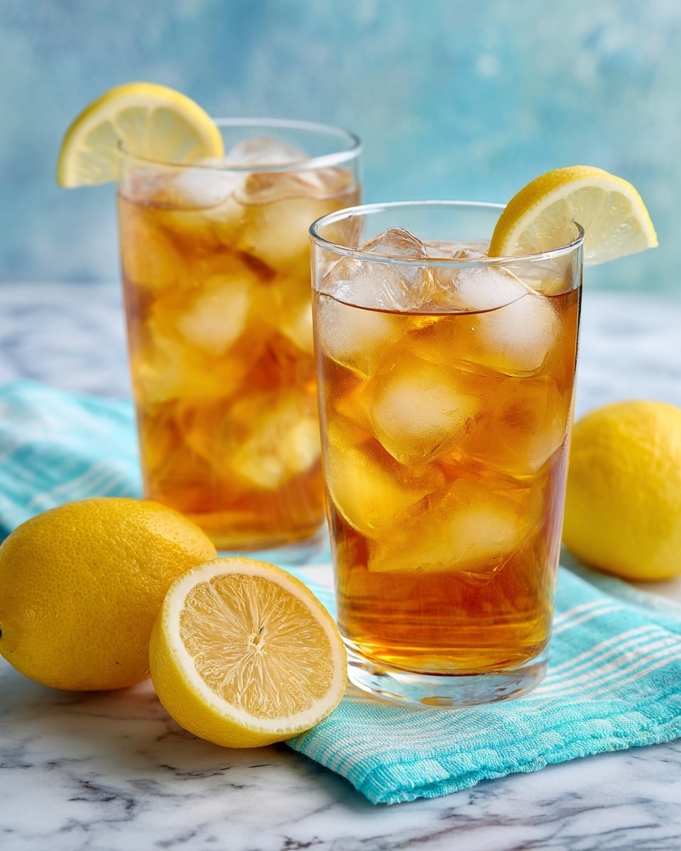 Two clear glasses filled with light brown iced tea and large ice cubes sit on a folded turquoise and white striped napkin placed on a white marbled surface. Each glass has a bright yellow lemon slice perched on the rim. In the foreground, two whole yellow lemons and one half lemon with visible juicy segments lie near the glasses. The background is softly blurred to emphasize the refreshing drink setup. Photo taken with an iphone --ar 4:5 --v 7