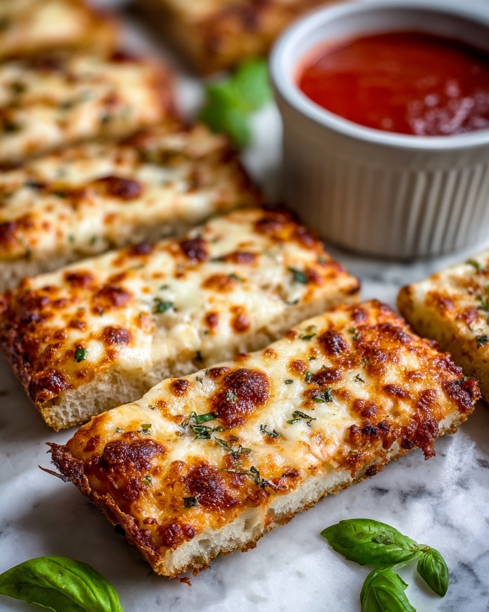 The image shows a close-up of thick, rectangular slices of cheesy bread arranged in rows on a white marbled surface. The bread base is light tan with a fluffy texture, topped with a thick, bubbly layer of melted cheese that has golden-brown spots from baking. Scattered herbs add a speckled green touch on the cheese top. In the back, there is a white ramekin filled with bright red marinara sauce, slightly out of focus. Fresh green basil leaves lay casually on the surface near the bread, adding color contrast. The photo taken with an iphone --ar 4:5 --v 7