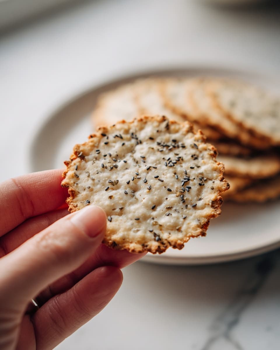 A close-up shows a woman's hand holding a round, lightly toasted cracker. The cracker is pale off-white with rough, uneven edges that are browned and crisp. Its surface is sprinkled with small black and white seeds, adding texture and color contrast. In the blurred background, more crackers rest on a simple white plate placed on a white marbled surface. The overall scene is bright with natural light. photo taken with an iphone --ar 4:5 --v 7