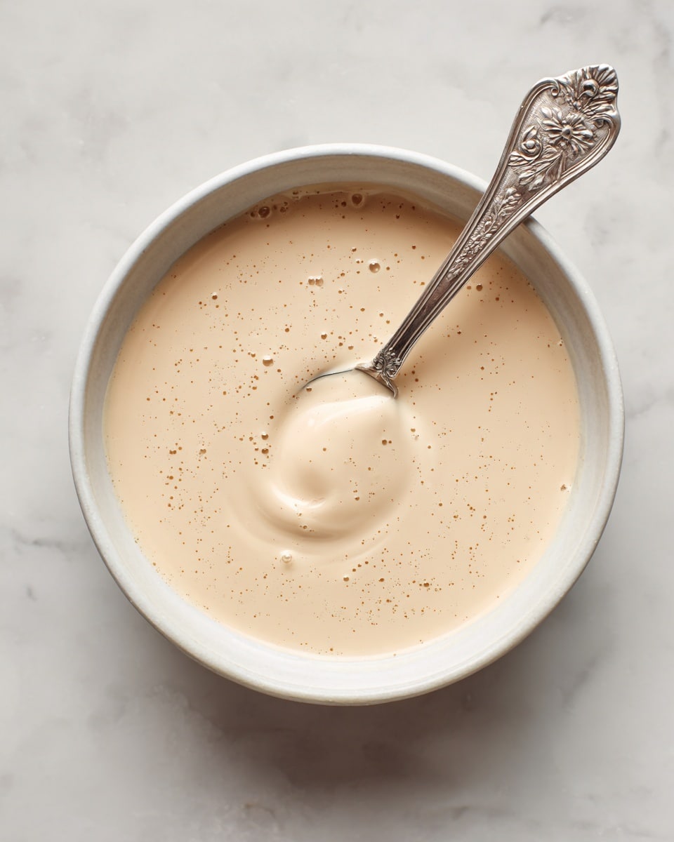 A round white bowl filled with a smooth, light beige creamy sauce. The surface of the sauce is mostly even with a few small bubbles and tiny dots scattered lightly on top. A silver spoon with detailed floral patterns on its handle rests inside the bowl, partially submerged in the sauce, curving upward with a small dip in the center. The bowl sits on a white marbled surface, adding a clean and simple look to the image. photo taken with an iphone --ar 4:5 --v 7