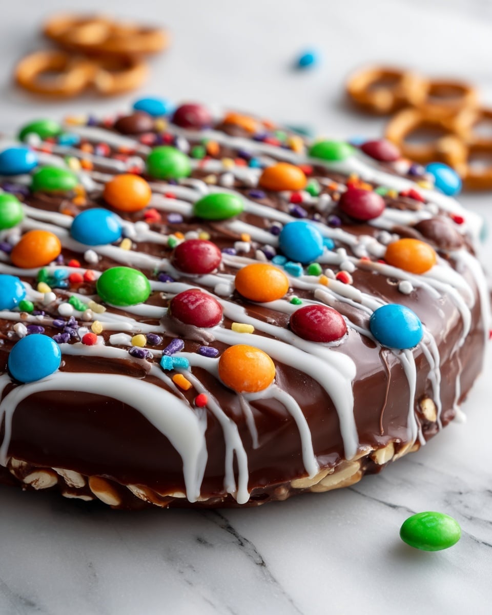 A round chocolate-covered base topped with a layer of shiny caramel and white drizzle in thin stripes, sprinkled with colorful candy-coated chocolates in orange, blue, green, red, and brown, scattered evenly across the top. The background is a white marbled surface, and there are blurred pieces of nuts and pretzels in the distance. Photo taken with an iphone --ar 4:5 --v 7