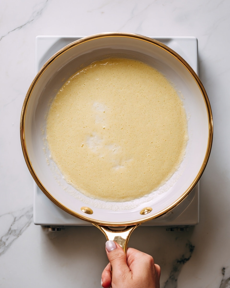 A white frying pan with a shiny golden handle is held by a woman's hand over a stove. Inside the pan, there is a thin, light yellow batter spreading evenly across the surface, with some slightly lighter patches showing a smooth texture. The background shows parts of a stove burner and the pan is angled slightly upward. The setting is on a white marbled surface. photo taken with an iphone --ar 4:5 --v 7