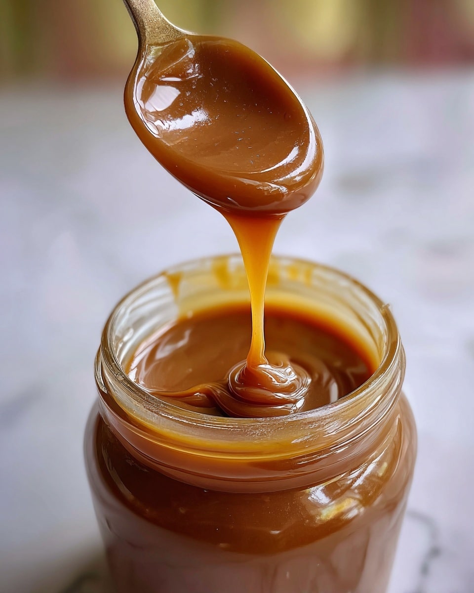 A close-up image shows a spoon lifted above a glass jar filled with thick, shiny caramel sauce. The caramel sauce is a rich golden brown color with a smooth, glossy texture that drips from the spoon back into the jar below. The background is softly blurred, with warm tones, and the surface beneath is a white marbled texture. photo taken with an iphone --ar 4:5 --v 7