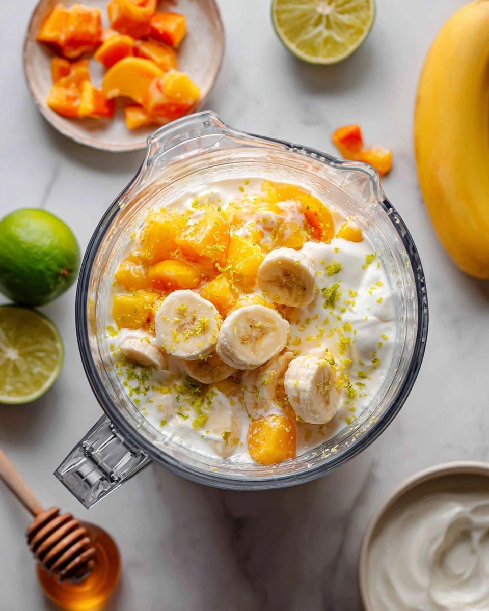 A clear blender jar is placed on a white marbled surface, filled with layers starting from the bottom with white yogurt, followed by bright yellow and orange chunks of frozen peach pieces, light yellow banana slices in the middle, and topped with finely grated green lime zest; around the blender, there are scattered frozen peach slices to the upper left, a halved and whole lime near the top center, a whole yellow banana on the upper right, a white bowl with yogurt on the lower right, and a small bear-shaped honey bottle on the lower left. photo taken with an iphone --ar 4:5 --v 7