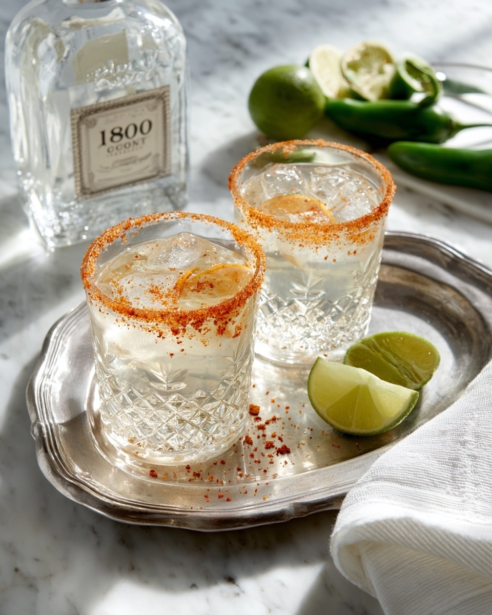 Two clear glasses with round textured patterns are filled with a transparent liquid and have bright orange spice rims. The glasses sit on a silver tray with a curved edge, placed on a white marbled surface. Behind the glasses, there is a clear bottle labeled