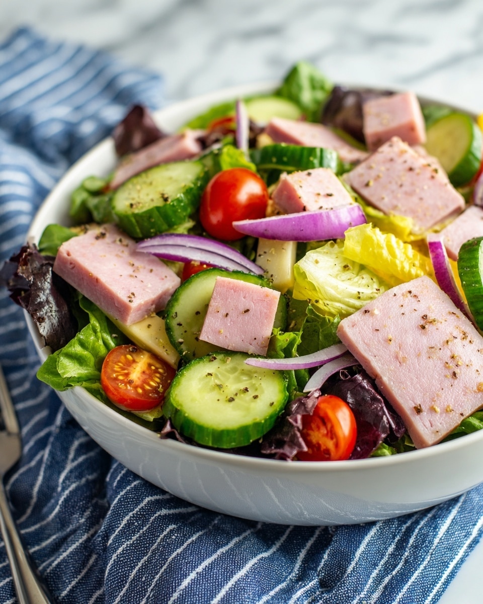 A large white bowl filled with a colorful salad arranged in sections, including small bright red cherry tomatoes at the front, sliced green cucumbers beside them, chopped pink ham slices in the middle, light pickled onions nearby, and yellow pasta ribbons beside them. A woman's hand is holding a white textured small pitcher pouring a light brown dressing onto the salad. The background and surface are white marble, creating a clean and fresh look. photo taken with an iphone --ar 4:5 --v 7