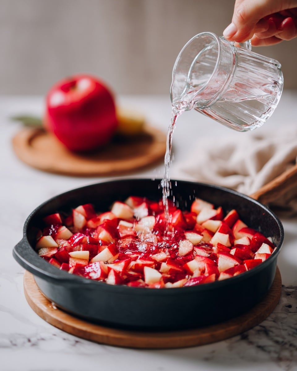 A black pan filled with many pieces of red and white chopped apples evenly spread inside. A woman's hand holding a small clear glass container is pouring a clear liquid over the apples. The pan sits on a white marbled surface, and a full red apple rests on a wooden coaster in the background. photo taken with an iphone --ar 4:5 --v 7