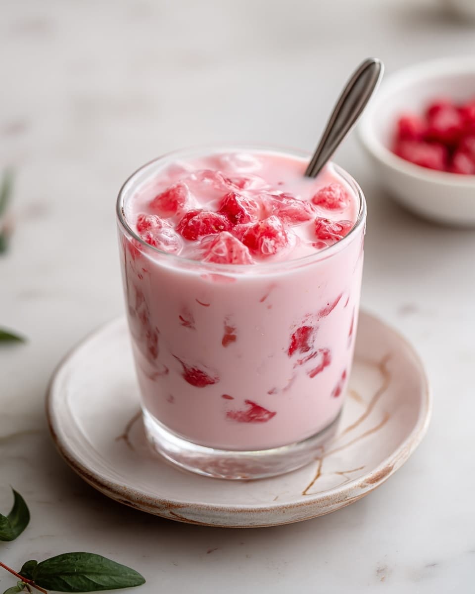 A clear glass filled with a light pink creamy drink with small bright pink fruit chunks floating on top and inside. A silver spoon is placed inside the drink near the rim. The glass sits on a white plate with subtle brownish veins, which is on a white marbled surface. In the background, there is a white bowl filled with small bright pink pieces of the same fruit. A few green leaves are visible at the bottom left corner. Photo taken with an iphone --ar 4:5 --v 7