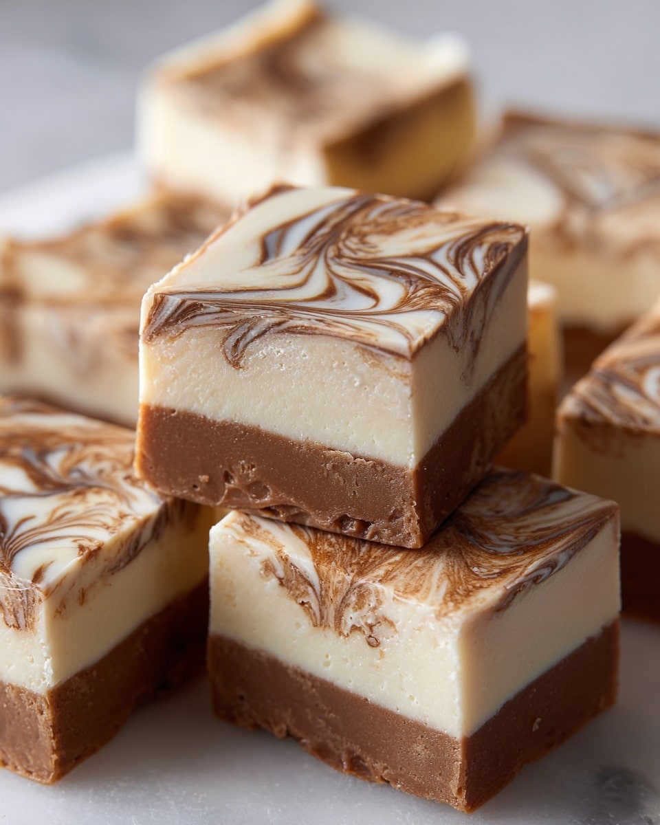 There are six square fudge pieces with two layers each, laid out close together on a white marbled surface. The bottom layer of each piece is smooth and creamy white, while the top layer is light brown with darker brown swirls mixed into the white layer, creating a marbled effect. The texture looks soft and dense, with clean, sharp edges that show the clear division of the two layers. The fudge pieces are arranged in a way that they slightly overlap but focus on one piece in the front with a woman’s hand gently touching one in the background, photo taken with an iphone --ar 4:5 --v 7