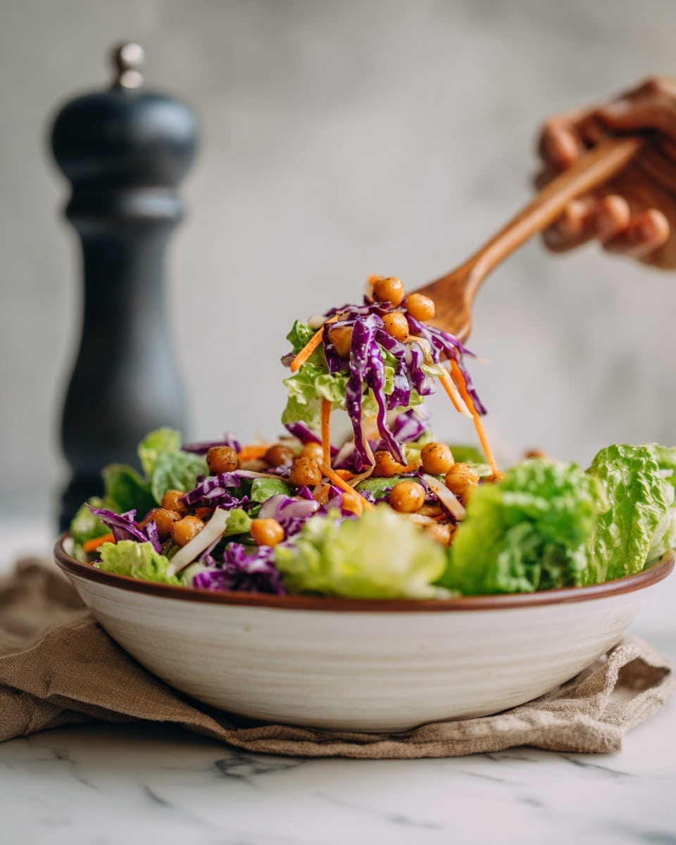 A close-up of a fresh salad displayed in a white bowl with a thin brown rim, resting on a white marbled surface. The salad has layered ingredients: the base is leafy green lettuce with a crinkly texture, mixed with vibrant purple cabbage pieces and small orange carrot cubes scattered evenly throughout. There are also small round beige chickpeas mixed in, adding texture. A woman's hand is lifting a portion of the salad with a wooden fork, showing the mix of green, purple, orange, and beige colors. In the blurred background, there is a dark grey pepper grinder standing upright. photo taken with an iphone --ar 4:5 --v 7