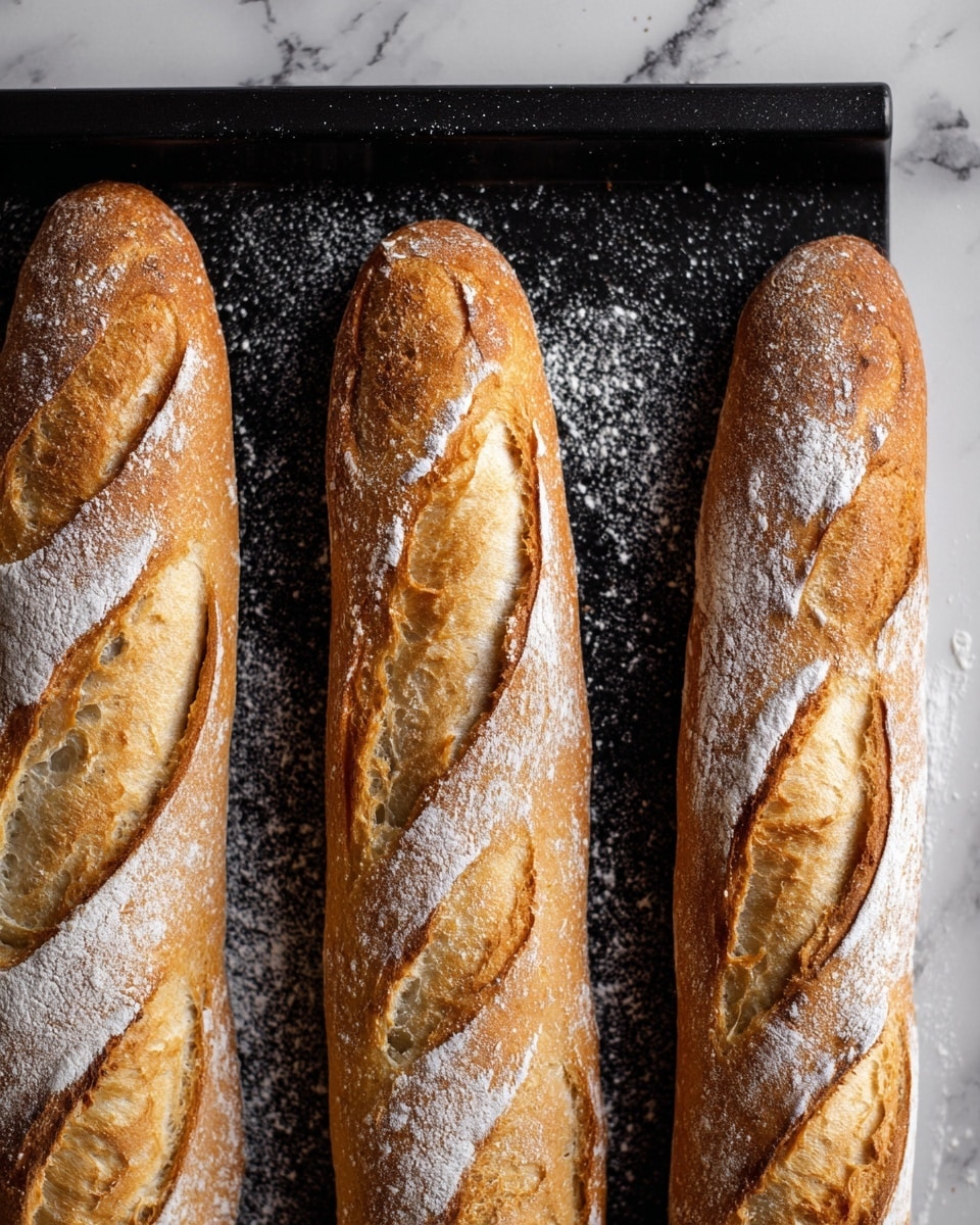 The image shows three golden brown baguettes placed horizontally, one on each row of a black textured baking tray. Each baguette has a light dusting of white flour on top and features three to four diagonal slashes along the length, revealing a soft inner texture. The baguettes vary slightly in color from light to a darker golden hue, and the baking tray also has a light dusting of flour scattered around. The background is changed to a white marbled texture. photo taken with an iphone --ar 4:5 --v 7