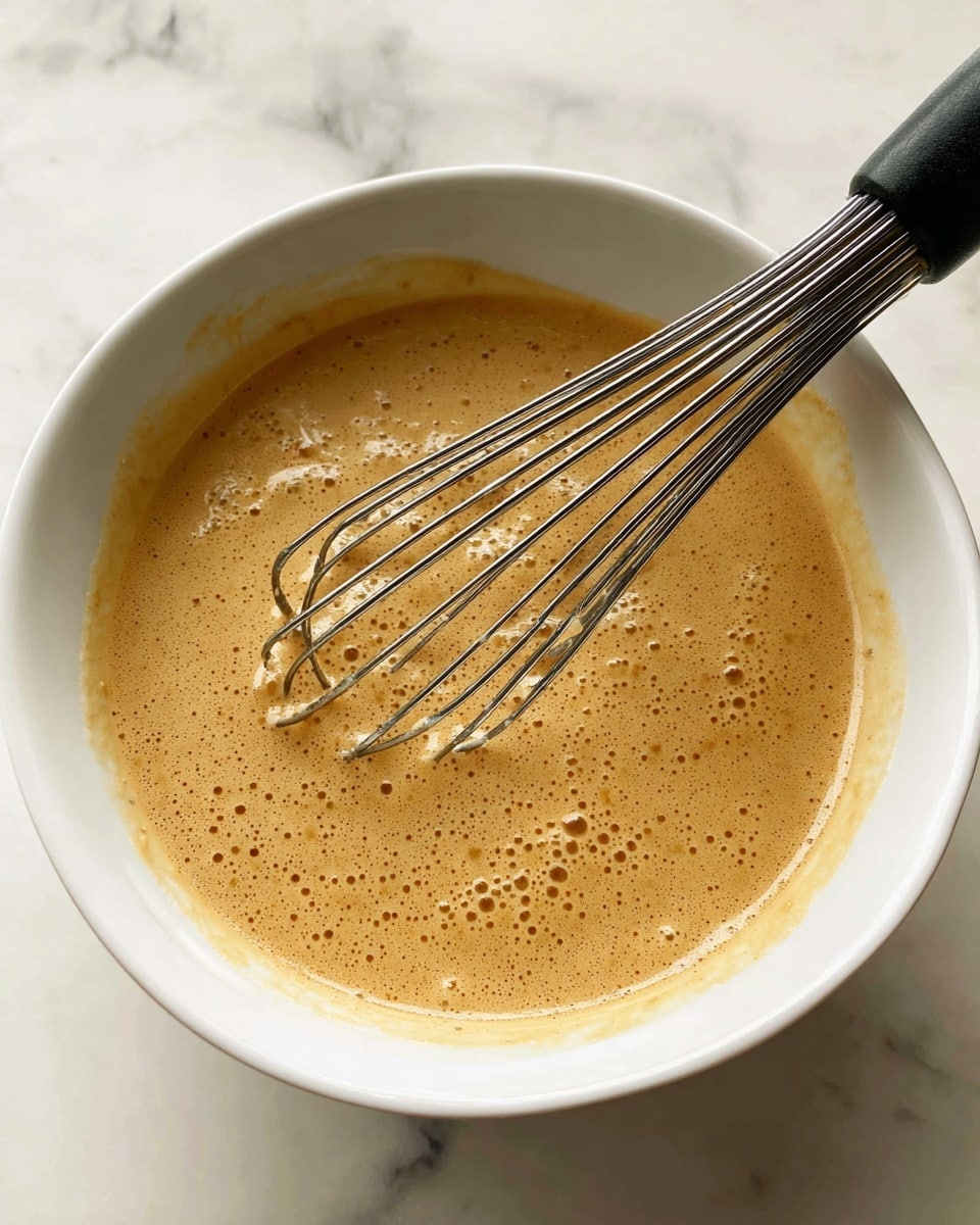 A close-up of a white bowl filled with a smooth, light brown-green sauce or batter with small bubbles on its surface, being whisked by a black metal whisk that has some of the mixture stuck to its wires. The bowl is placed on a white marbled surface. photo taken with an iphone --ar 4:5 --v 7