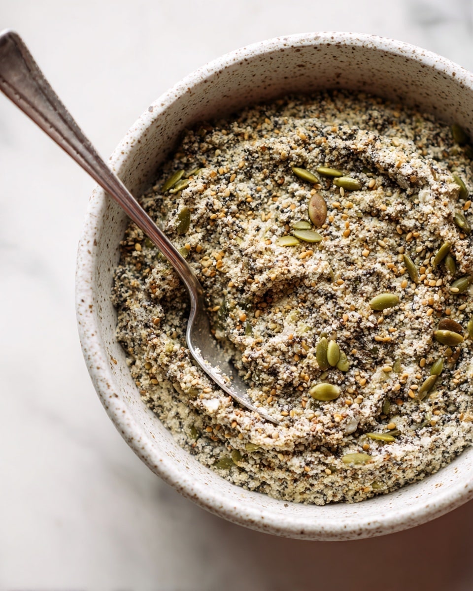 A close-up view of a speckled white bowl filled with a thick, coarse textured seed mix that is mostly gray with green pumpkin seeds and lighter sesame seeds scattered throughout. A shiny spoon is partially buried in the mixture, held by a woman's hand on the right edge of the frame. The bowl is placed on a white marbled surface, and the mixture shows swirled patterns from stirring. Photo taken with an iphone --ar 4:5 --v 7
