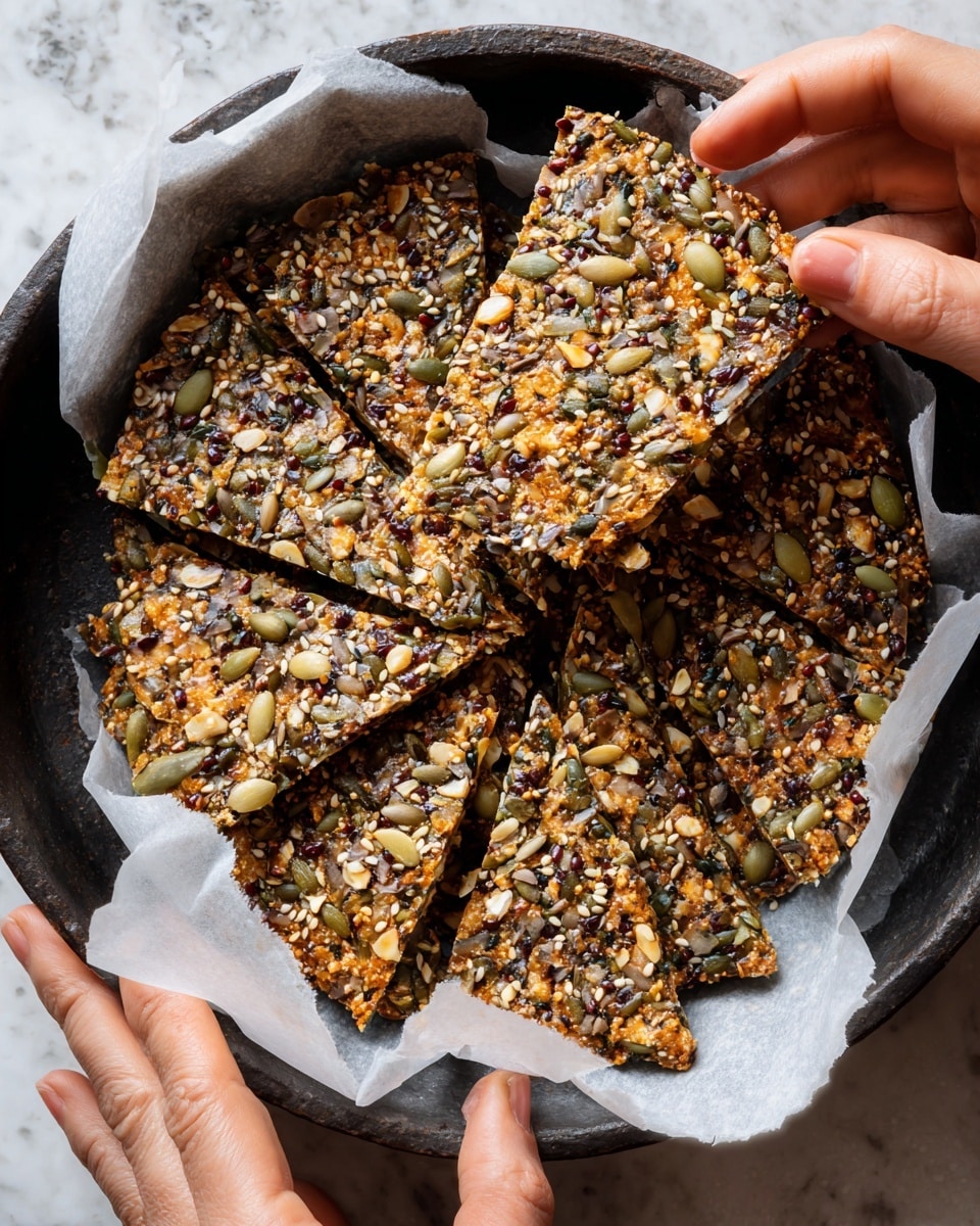 A large thin cracker made of various seeds, mainly dark brown, light brown, and green, is placed on white baking paper inside a black pan. The cracker is broken into several uneven large pieces, showing rough edges and a textured surface full of different seeds like pumpkin and sesame, with a crunchy look. Two woman's hands are holding one piece from the bottom left and the other piece from the right side. The background is a white marbled texture. photo taken with an iphone --ar 4:5 --v 7