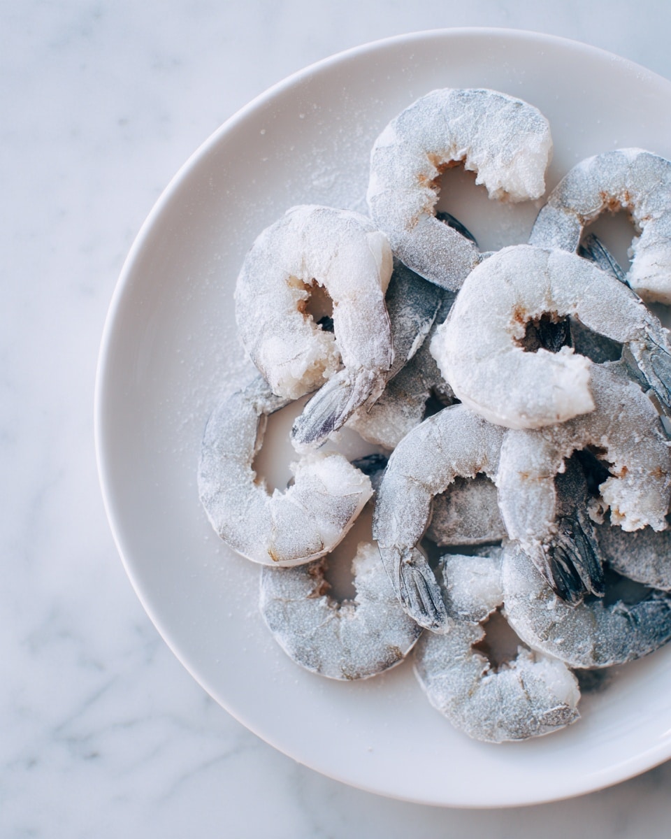 A white plate is filled with a single layer of uncooked shrimp, each shrimp coated with a light white powder, giving them a frosted look. The shrimp are pale grayish-white with a smooth but slightly textured surface, arranged loosely with some space between them. The scene is set on a white marbled countertop in a kitchen environment. Photo taken with an iphone --ar 4:5 --v 7