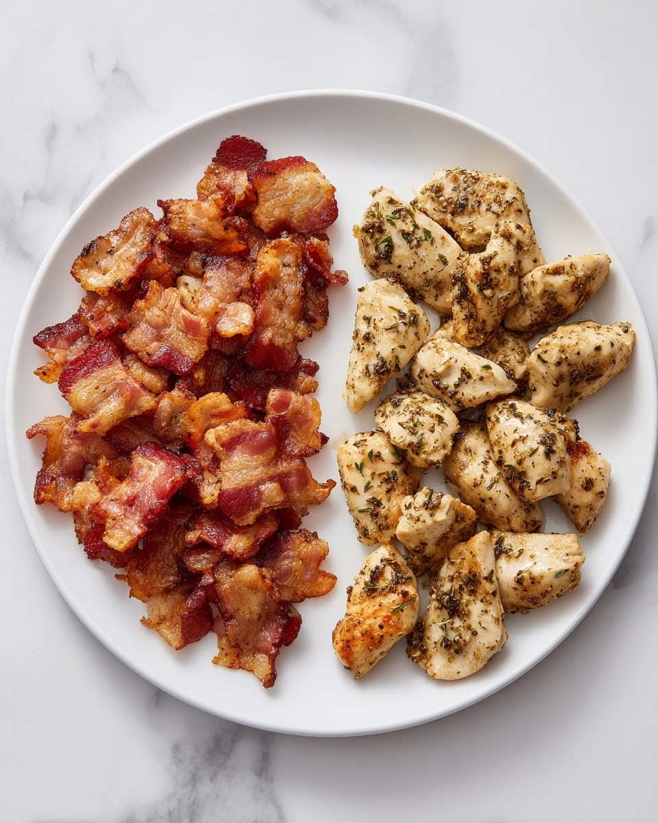 On the left, a white round plate is filled with many small, crispy pieces of cooked bacon that have a mix of reddish-brown and golden colors with some bits showing darker edges. On the right, a white round plate holds seven pieces of cooked chicken seasoned with black pepper and herbs, each piece showing a light golden brown color with some slight charring and a textured surface from the seasoning. Both plates are placed on a white marbled surface. Photo taken with an iphone --ar 4:5 --v 7