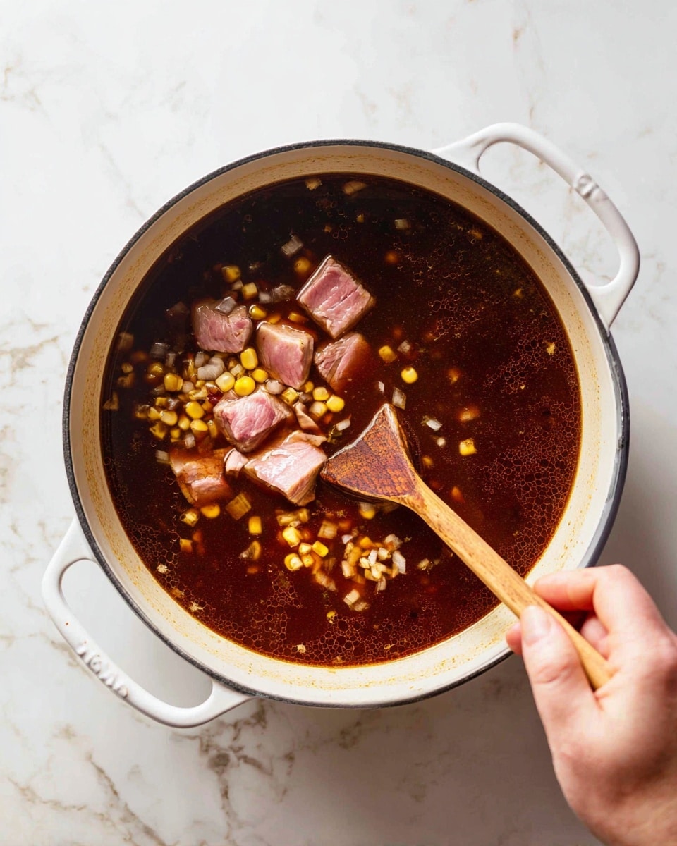 A large white pot filled with a deep brown broth that has a shiny, smooth texture. Inside the broth are chunks of light pink meat partially submerged, along with small yellow corn kernels and diced onion pieces scattered throughout. A woman's hand is holding a wooden spoon, stirring the mixture gently. The pot sits on a stove with a white marbled surface background visible around it. photo taken with an iphone --ar 4:5 --v 7