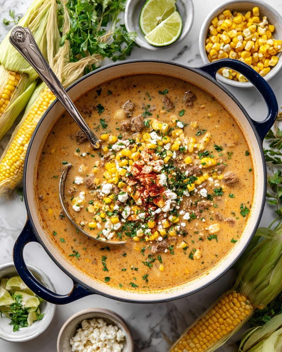 A large white pot with dark blue handles is filled with a thick creamy soup that is light brown in color with visible pieces of white beans, yellow corn kernels, and chunks of meat. The soup is topped with bright yellow roasted corn pieces, small white cheese crumbles, chopped green herbs, and a sprinkle of red spice in the center. A large silver ladle rests in the pot, partly submerged in the soup. Around the pot, there are small white bowls containing more roasted corn, lime wedges, and white cheese. Fresh green herbs and ears of corn with husks are scattered on a white marbled surface under the pot. photo taken with an iphone --ar 4:5 --v 7