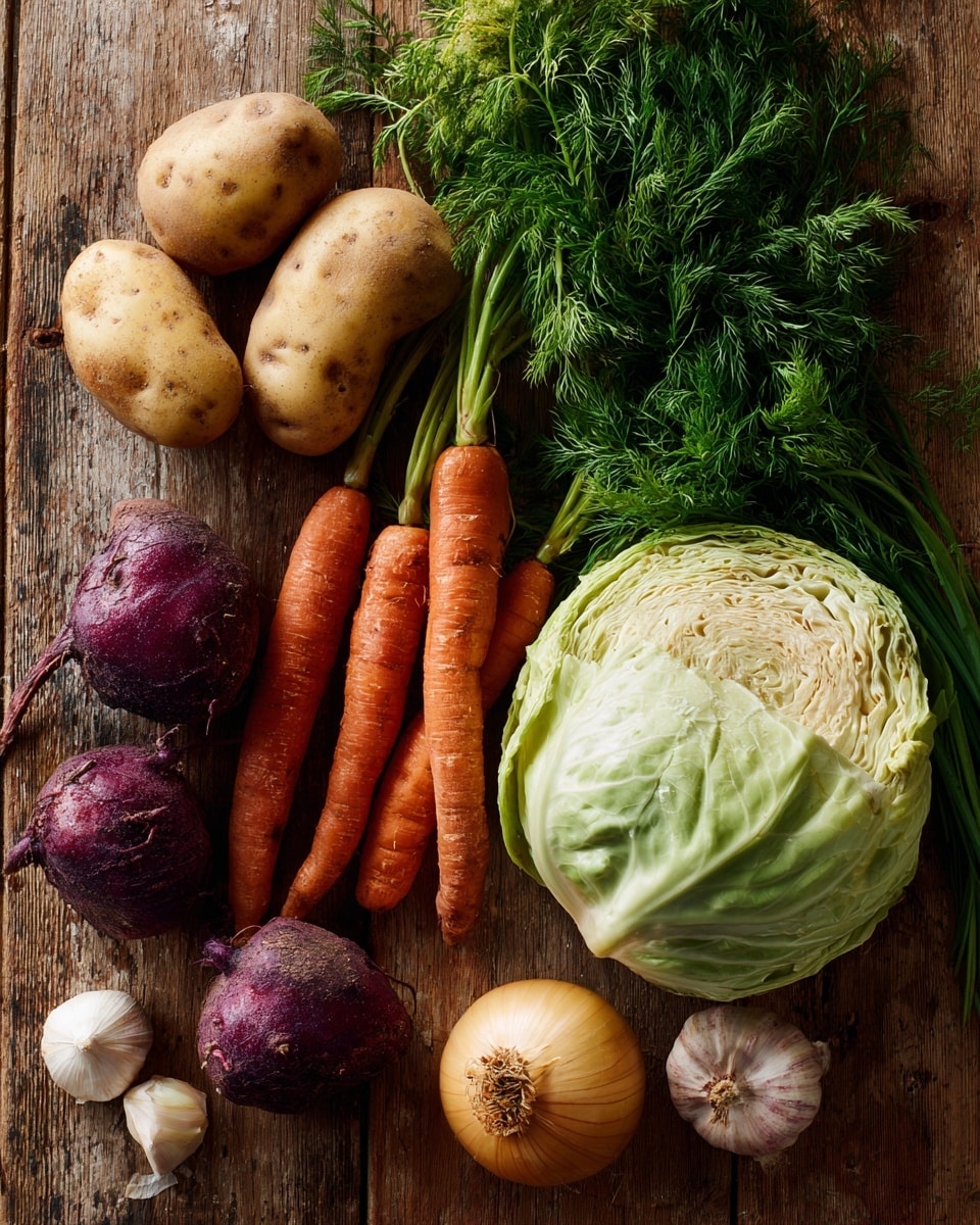A close-up view of fresh vegetables arranged on a light brown wooden surface includes a large pale green cabbage on the right, two medium-sized orange carrots placed side by side in the center, two brown potatoes behind the carrots surrounded by green leafy dill at the top, three purple beets with rough skin at the bottom right, two whole bulbs of garlic with some cloves separated on the left, and a round yellow onion near the bottom right corner, all creating an earthy and natural look. photo taken with an iphone --ar 4:5 --v 7
