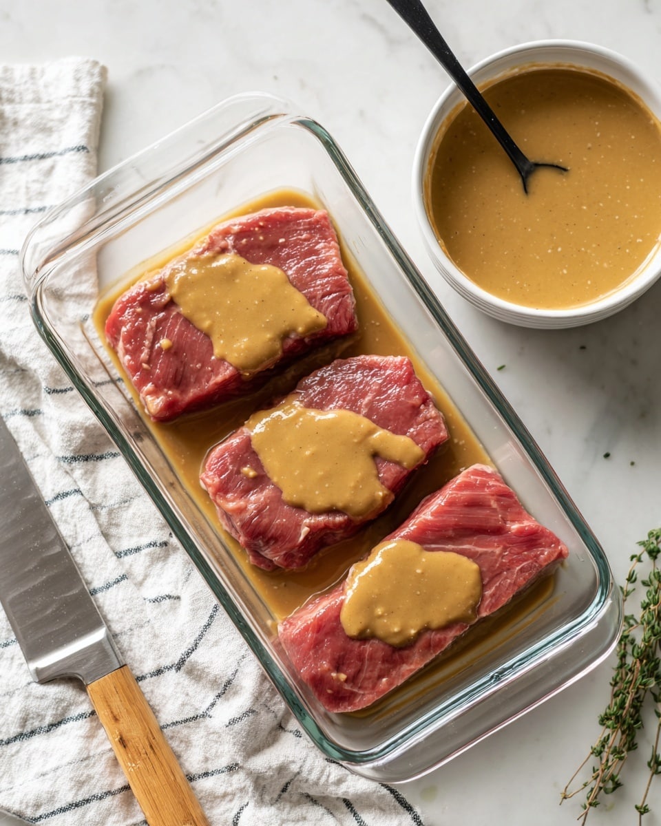 Three pieces of raw steak lie flat in a clear glass rectangular dish. They are covered with a smooth, light brown mustard sauce that spreads unevenly across their surface and pools slightly in the dish. To the right of the dish, a small white bowl filled with the same smooth mustard sauce sits with a black spoon resting inside. Underneath, the surface is a clean white marbled texture. In the lower left corner, part of a kitchen knife with a light wood handle rests on a white cloth towel with thin grey stripes. Some green herbs are visible to the right near the edge of the image. photo taken with an iphone --ar 4:5 --v 7