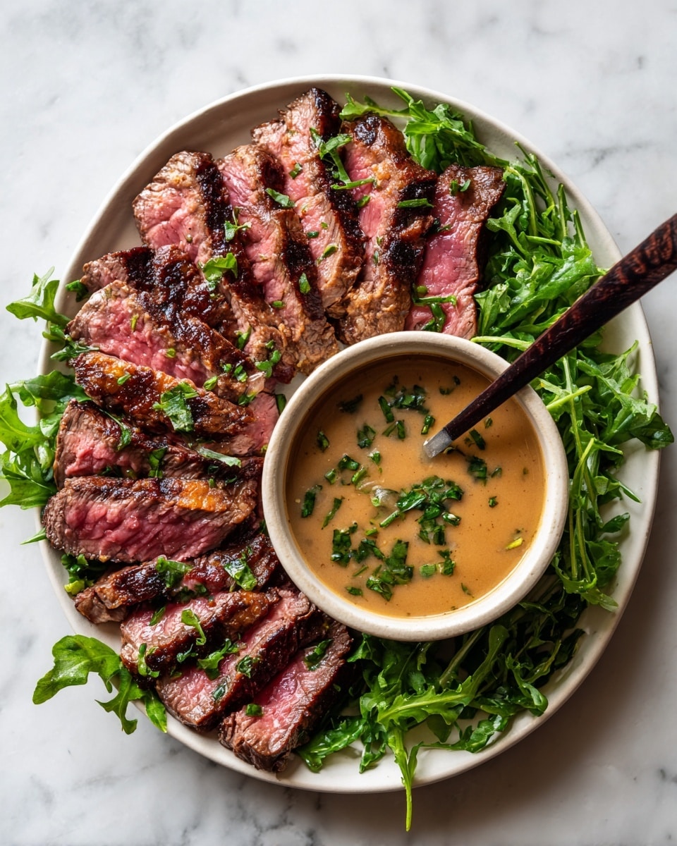 A white plate on a white marbled surface holds a neatly arranged layer of medium-rare steak slices, showing pink centers with a brown seared edge. In the center of the plate is a small cream-colored bowl filled with a light brown sauce topped with chopped green herbs. A dark wooden spoon rests inside the bowl, dipping into the sauce. Around the sauce and steak, fresh green leafy herbs add color contrast. Photo taken with an iphone --ar 4:5 --v 7