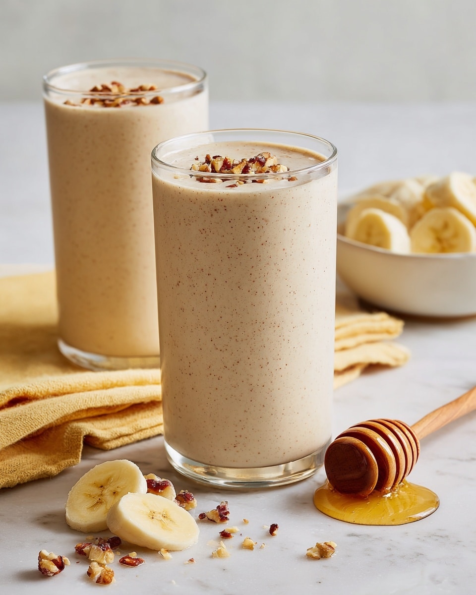 Two clear tall glasses filled with a light tan creamy smoothie sit on a white marbled surface; the front glass is centered, showing a thick smooth texture with tiny dark specks. In the bottom front left corner, there are a few slices of banana and some crushed nuts scattered on the surface. To the right, a wooden honey dipper rests with golden honey dripping off it. In the background to the right, a soft white bowl holds more banana slices and sits on a pale yellow cloth. The background is a clean white marbled texture. photo taken with an iphone --ar 4:5 --v 7