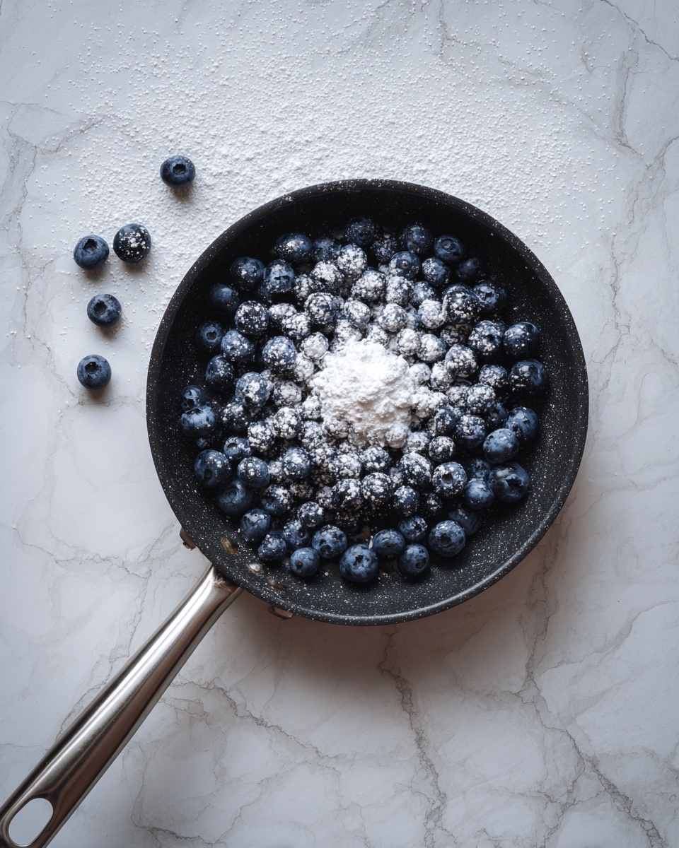No Churn Blueberry Pie Ice Cream Recipe 3 A black frying pan holds a single layer of fresh, dark blue blueberries spread out evenly, topped with a scattered layer of white powdered sugar and a small heap of white powder in the center. The pan has a long silver handle extending to the right, and the pan sits on a surface with a white marbled texture. photo taken with an iphone --ar 4:5 --v 7